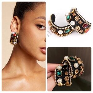 2/$30🌵 Bejeweled Thick Black Hoop Earrings Rhinestone Faux Pearl Royalty NEW